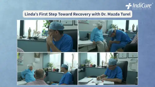 Dr. Mazda Turel examining Linda Davis's mobility and discussing surgical options for back pain relief in his Mumbai office.